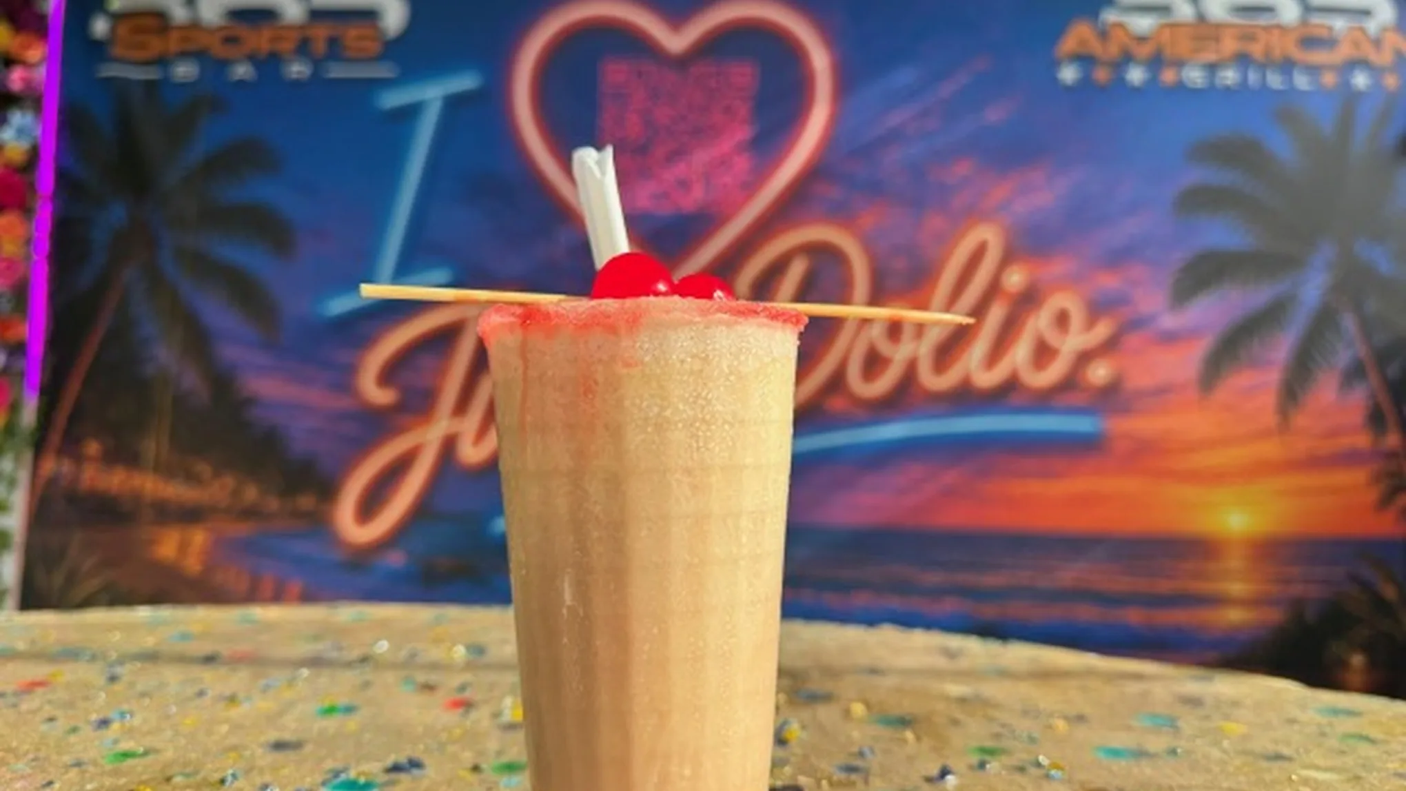 A Pina Colada on the bar at 365 Sports Bar