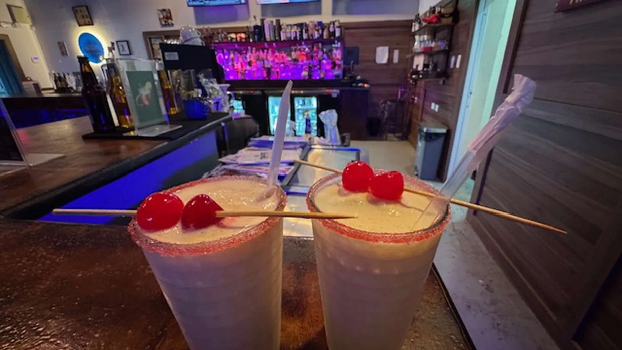 Two Pina Coladas on the bar top at 365 Sports Bar