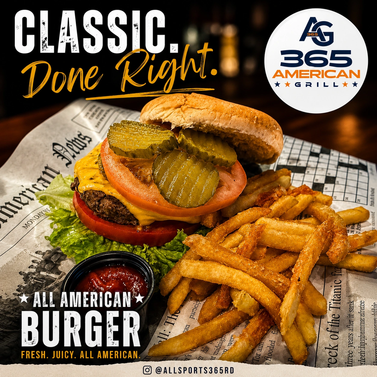 The all-American burger at 365 American Grill - beef patty, pickles and fries