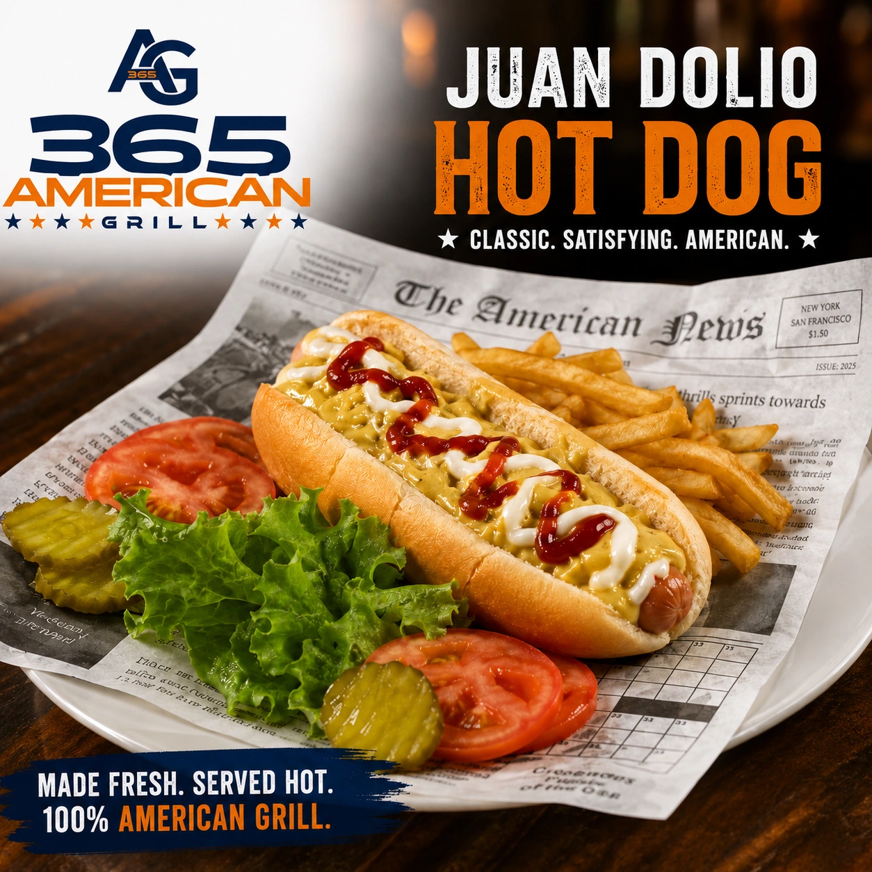 The Juan Dolio hot dog at 365 American Grill, served with fries