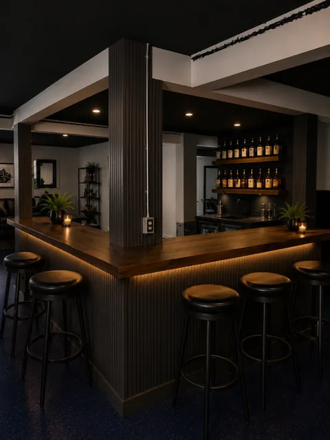 The main bar at 365 Sports Bar Juan Dolio — warm LED-lit wood bar top, black stools and a full liquor shelf