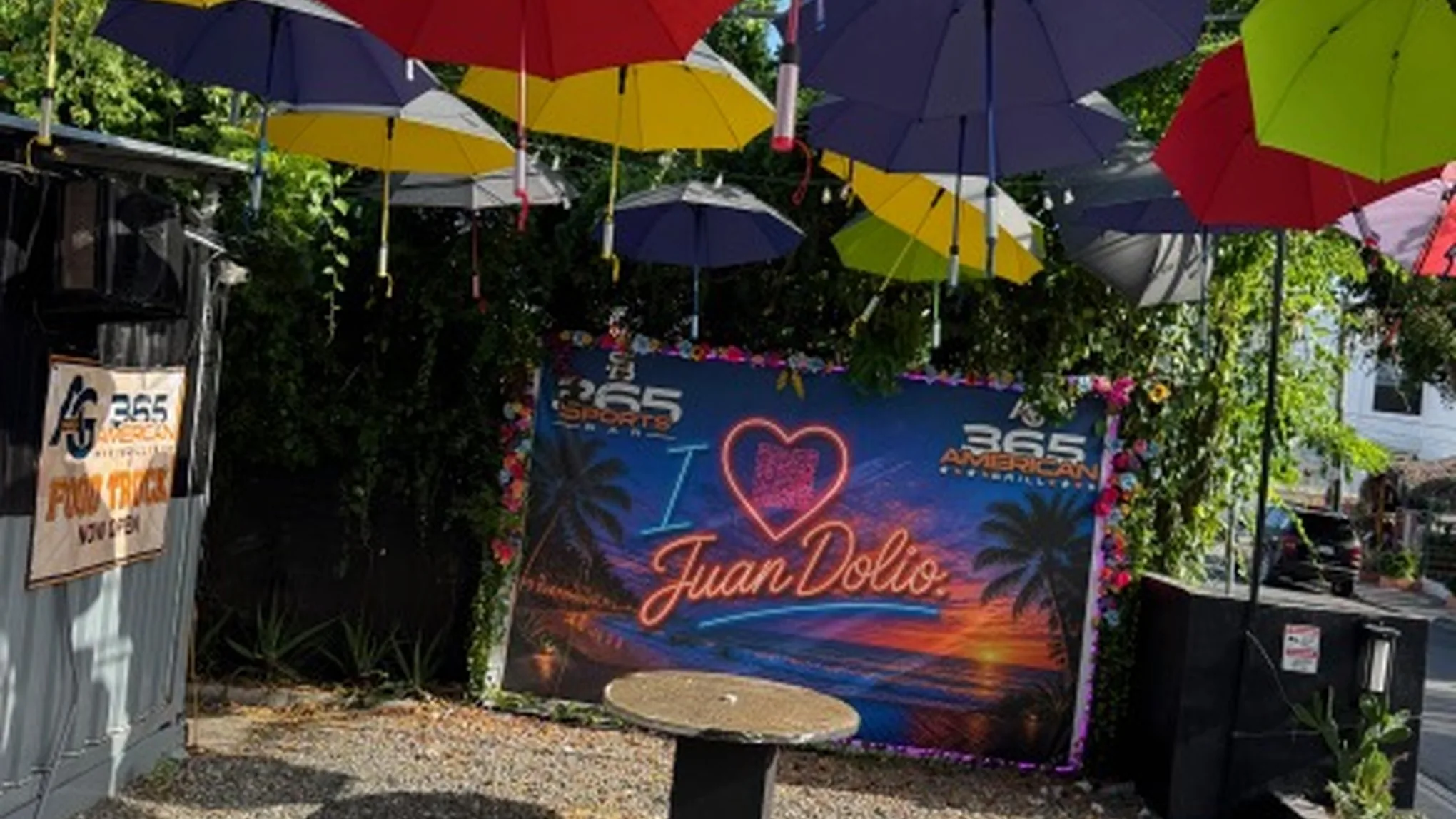 Colourful umbrellas over the 365 American Grill patio by day