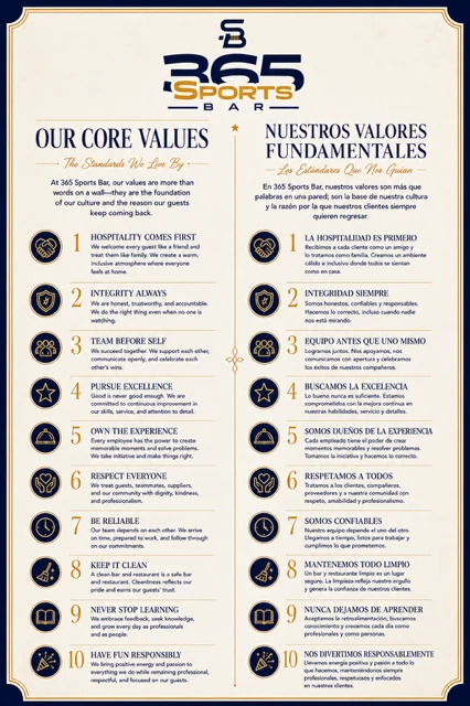 365 Sports Bar core values — ten standards we live by, in English and Spanish