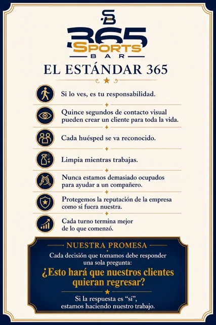El Estándar 365 — the seven service standards of 365 Sports Bar, in Spanish