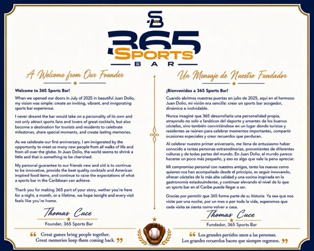 A welcome message from 365 Sports Bar founder Thomas Cuce, in English and Spanish